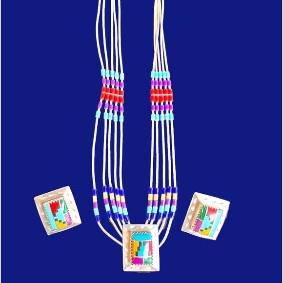 Southwest Jewelry - Southwest Style Necklace Earring Set Liquid Silver Semi-Precious Inlay Stones